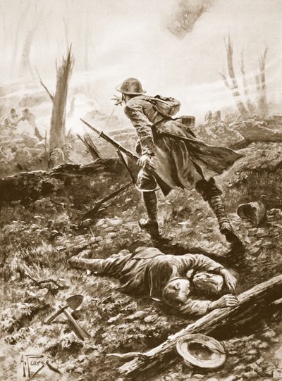 Private T.G. Turrall Guarding a Wounded Officer and Holding His Ground Amid Machine-Gun Fire and Bombs by Alfred Pearse